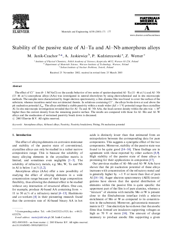 (PDF) Stability of the passive state of Al–Ta and Al–Nb amorphous alloys