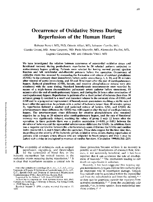(PDF) Occurrence of oxidative stress during reperfusion of the human heart