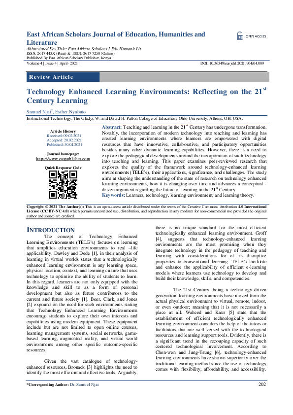 (PDF) Technology Enhanced Learning Environments: Reflecting on the 21 ...