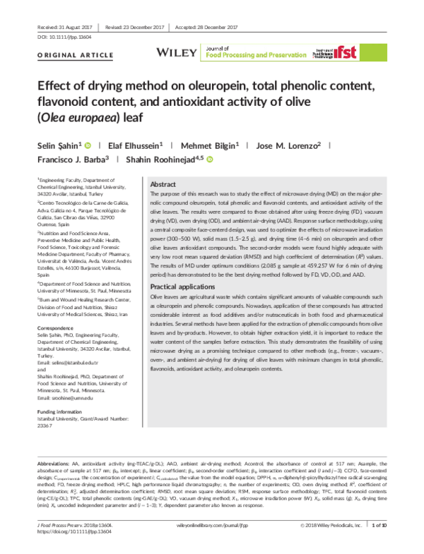 (PDF) Effect of drying method on oleuropein, total phenolic content ...