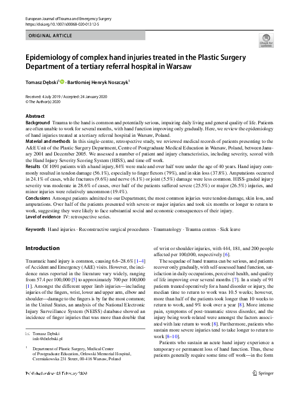 (PDF) Epidemiology of complex hand injuries treated in the Plastic ...