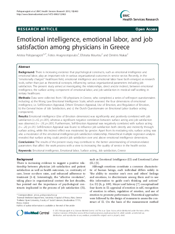 (PDF) Emotional intelligence, emotional labor, and job satisfaction ...
