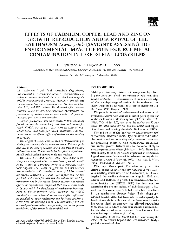 (PDF) Effects of cadmium, copper, lead and zinc on growth, reproduction ...