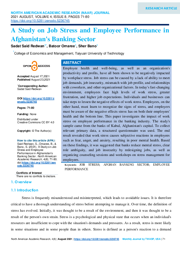 (PDF) A Study on Job Stress and Employee Performance in Afghanistan's ...