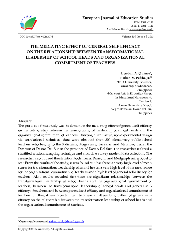 (PDF) The Mediating Effect of General Self-Efficacy on the Relationship ...
