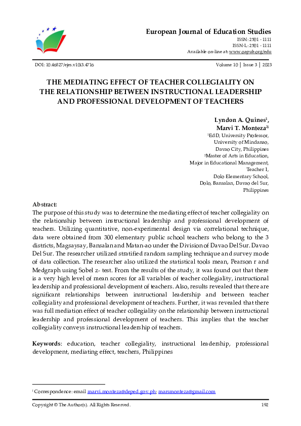 (PDF) The Mediating Effect of Teacher Collegiality on the Relationship ...