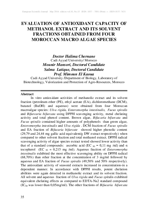 (PDF) Evaluation of Antioxidant Capacity of Methanol Extract and Its ...