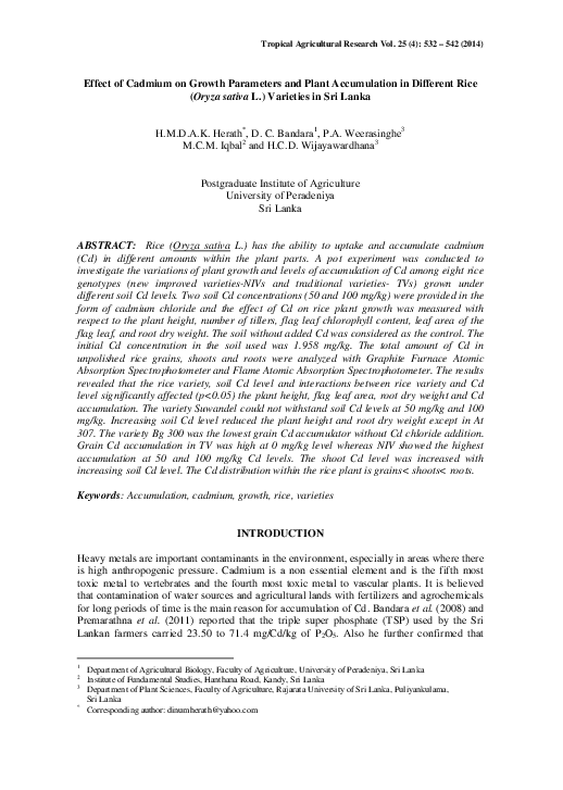 (PDF) Effect of cadmium on growth parameters and plant accumulation in ...