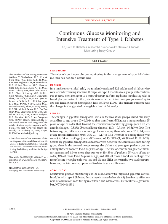 (PDF) Continuous Glucose Monitoring and Intensive Treatment of Type 1 ...