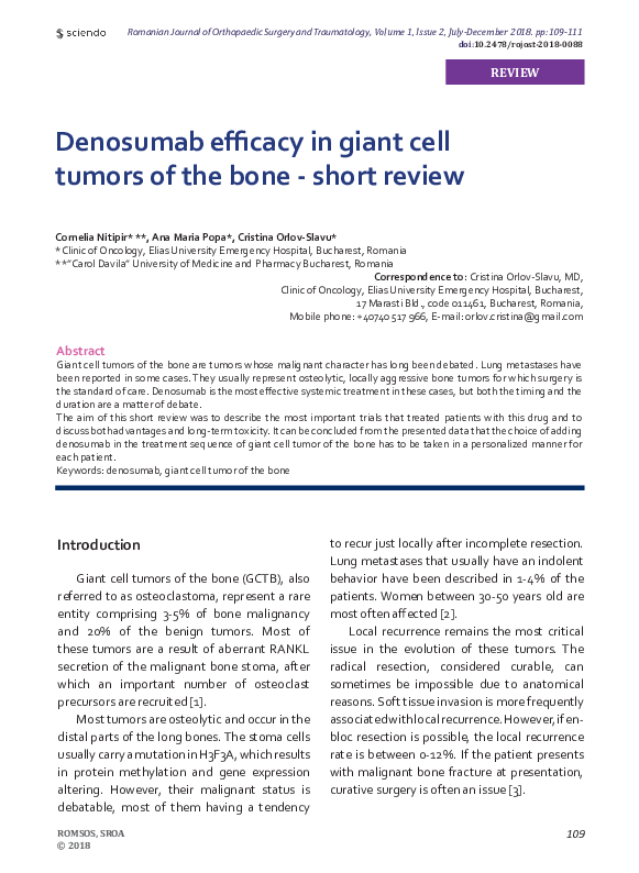 (PDF) Denosumab efficacy in giant cell tumors of the bone - short review