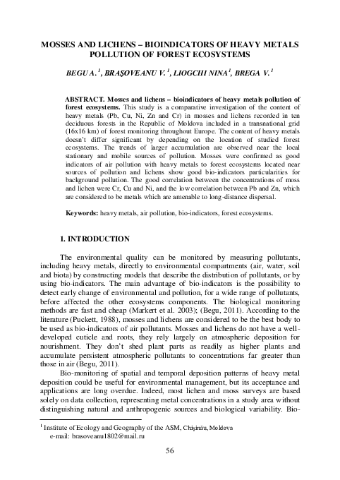 (PDF) Mosses and Lichens – Bioindicators of Heavy Metals Pollution of ...