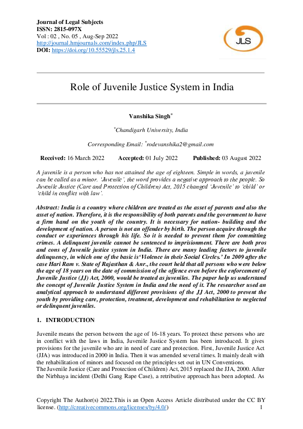 (PDF) Role of Juvenile Justice System in India