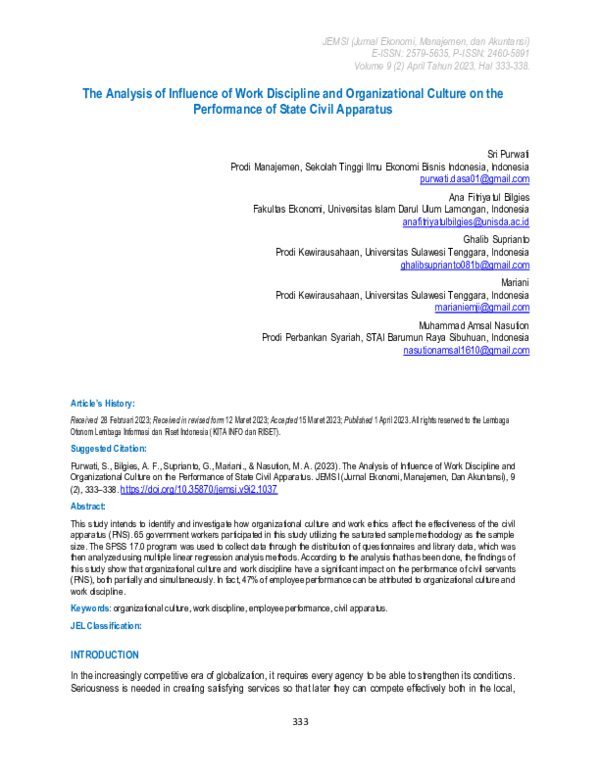 (PDF) The Analysis of Influence of Work Discipline and Organizational ...