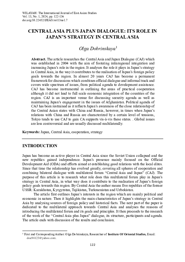 (PDF) CENTRAL ASIA PLUS JAPAN DIALOGUE: ITS ROLE IN JAPAN'S STRATEGY IN ...