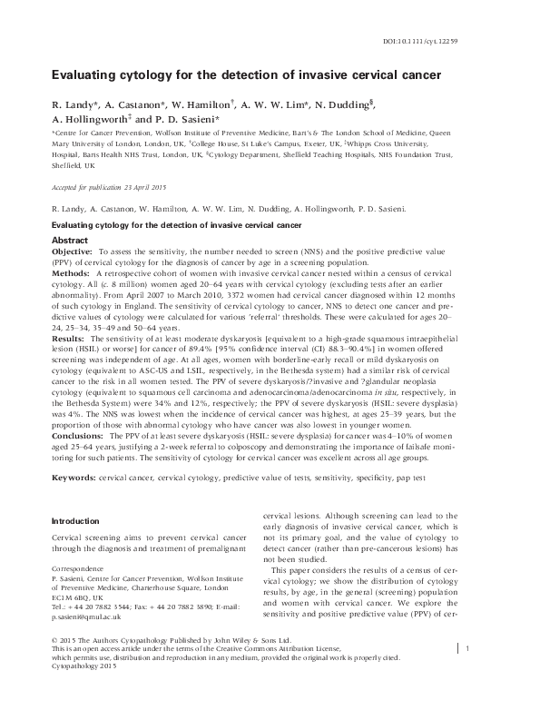 (PDF) Evaluating cytology for the detection of invasive cervical cancer