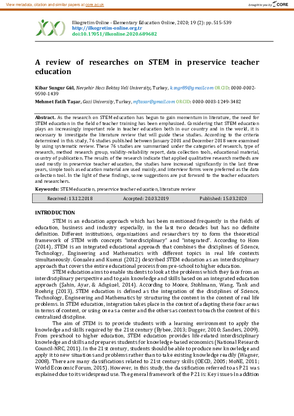 (PDF) A review of researches on STEM in preservice teacher education