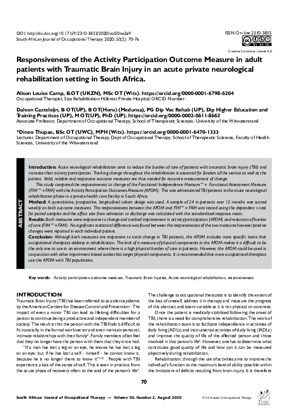 (PDF) Responsiveness of the Activity Participation Outcome Measure in ...