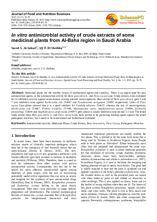 (PDF) In vitro antimicrobial activity of crude extracts from plants ...