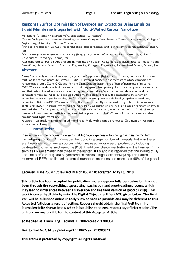 (PDF) Response Surface Optimization of Dysprosium Extraction Using an ...