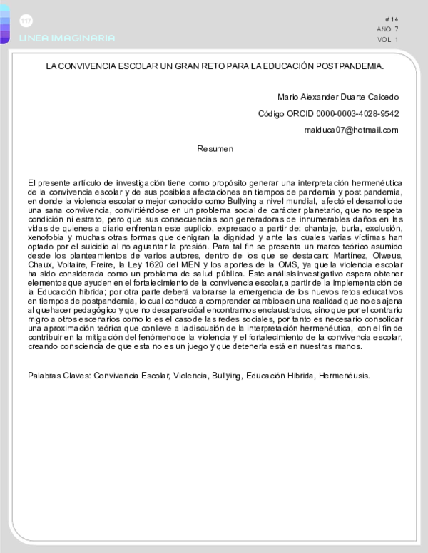 (PDF) La Convivencia Escolar Un Gran Reto Para La Educación Post Pandemia