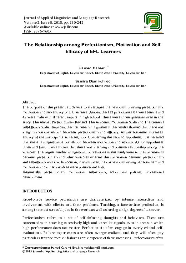 (PDF) The Relationship among Perfectionism, Motivation and Self ...