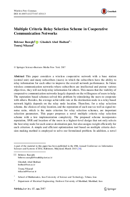 (PDF) Multiple Criteria Relay Selection Scheme in Cooperative ...