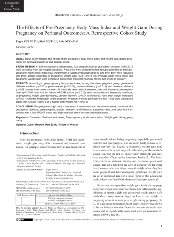(PDF) The Effects of Pre-Pregnancy Body Mass Index and Weight Gain ...