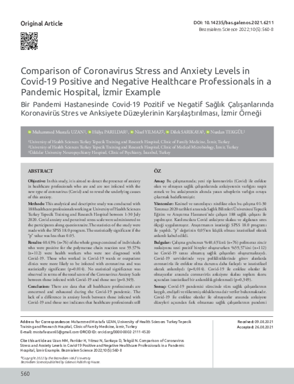 (PDF) Comparison of Coronavirus Stress and Anxiety Levels in Covid-19 ...
