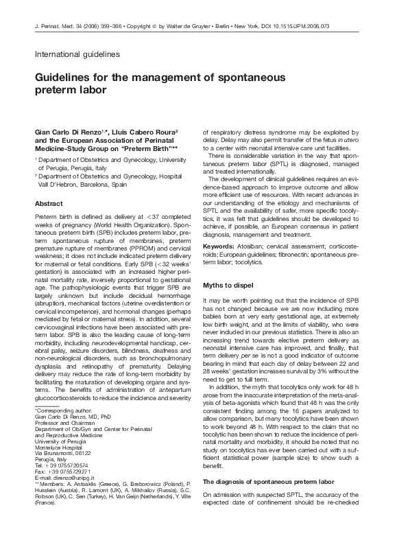 (PDF) Guidelines for the management of spontaneous preterm labor
