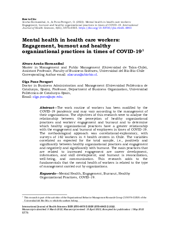 (PDF) Mental health in health care workers: Engagement, burnout and ...
