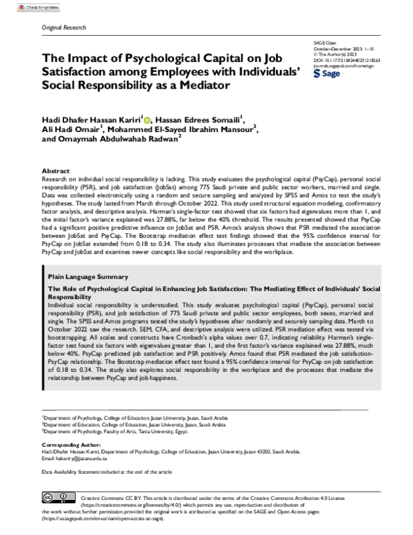 (PDF) The Impact of Psychological Capital on Job Satisfaction among ...