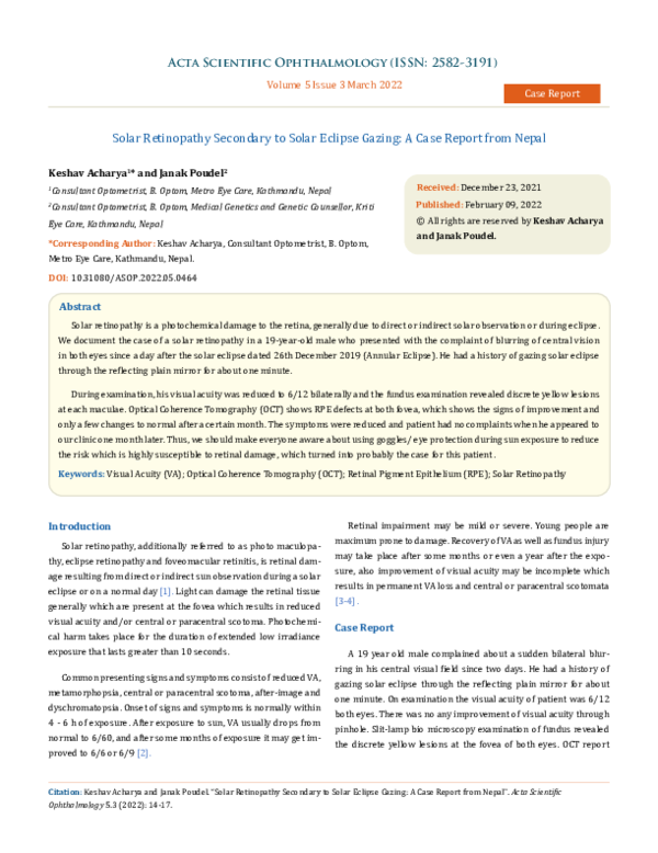 (PDF) Solar Retinopathy Secondary to Solar Eclipse Gazing: A Case ...