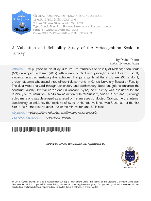 (PDF) A Validation and Reliability Study of the Metacognition Scale in ...
