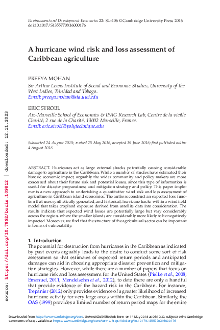 (PDF) A hurricane wind risk and loss assessment of Caribbean agriculture