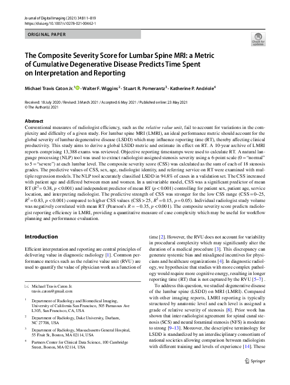 (PDF) The Composite Severity Score for Lumbar Spine MRI: a Metric of ...