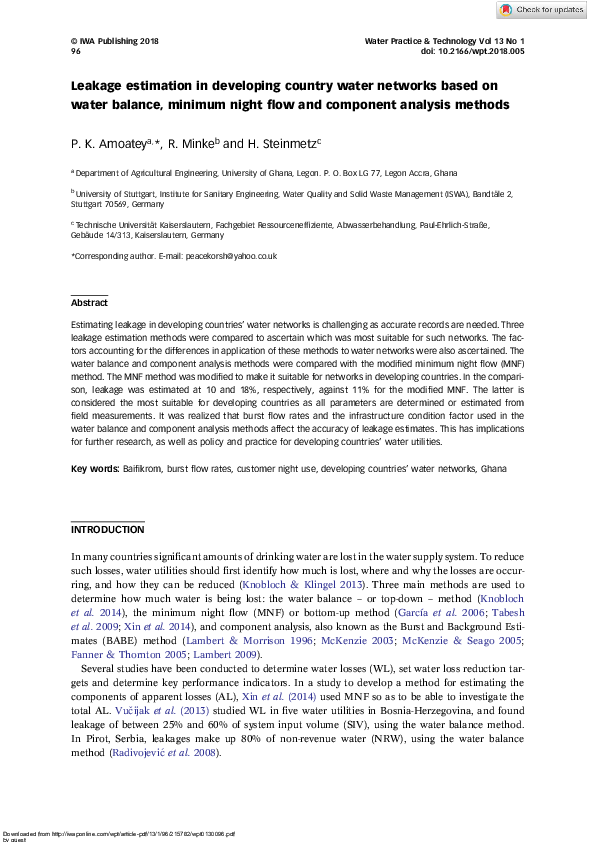 (PDF) Leakage estimation in developing country water networks based on ...