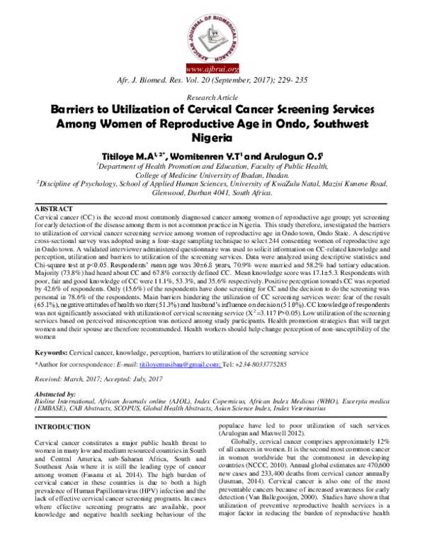 (PDF) Barriers to utilization of cervical cancer screening services ...