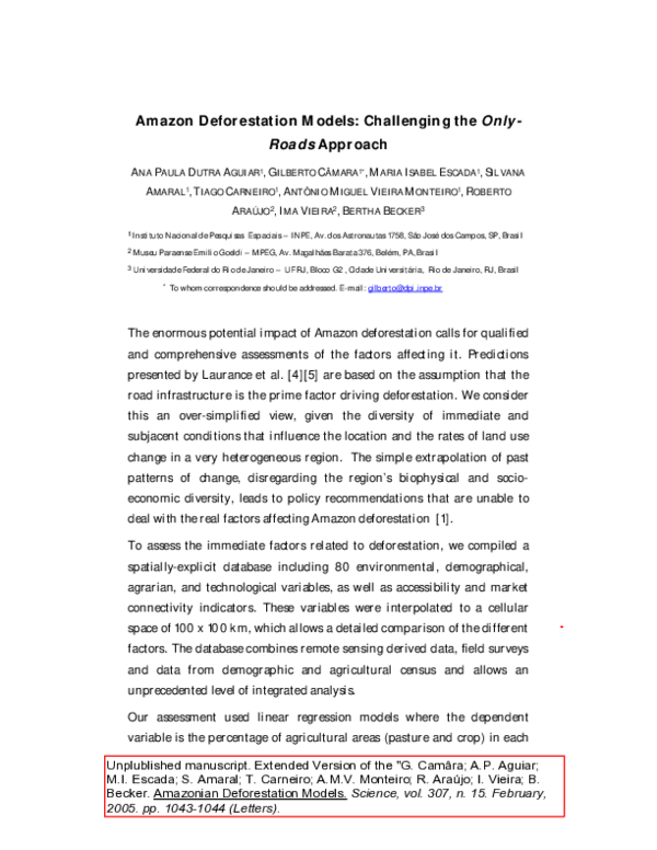 (PDF) Amazon Deforestation Models: Challenging the Only-Roads Approach