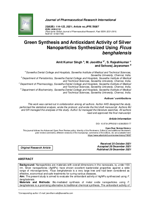 (PDF) Green Synthesis and Antioxidant Activity of Silver Nanoparticles ...