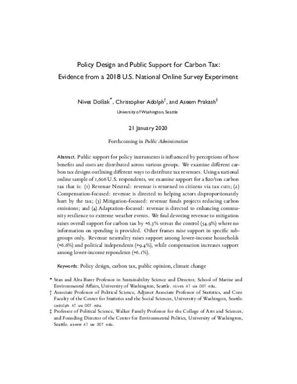 (PDF) Policy design and public support for carbon tax: Evidence from a ...