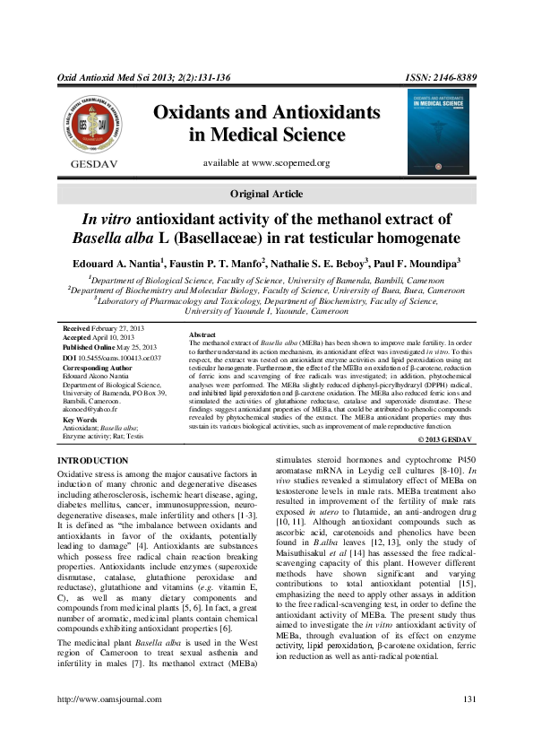 (PDF) In vitro antioxidant activity of the methanol extract of Basella ...