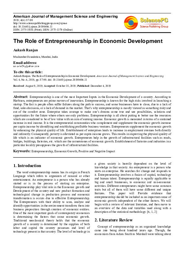 (PDF) Role Of Entrepreneurship In Economic Development