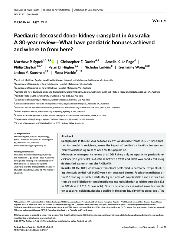 (PDF) Paediatric deceased donor kidney transplant in Australia: A 30 ...