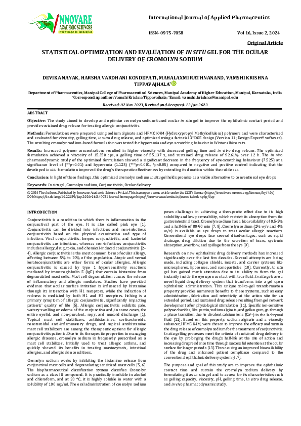 (PDF) STATISTICAL OPTIMIZATION AND EVALUATION OF IN SITU GEL FOR THE ...