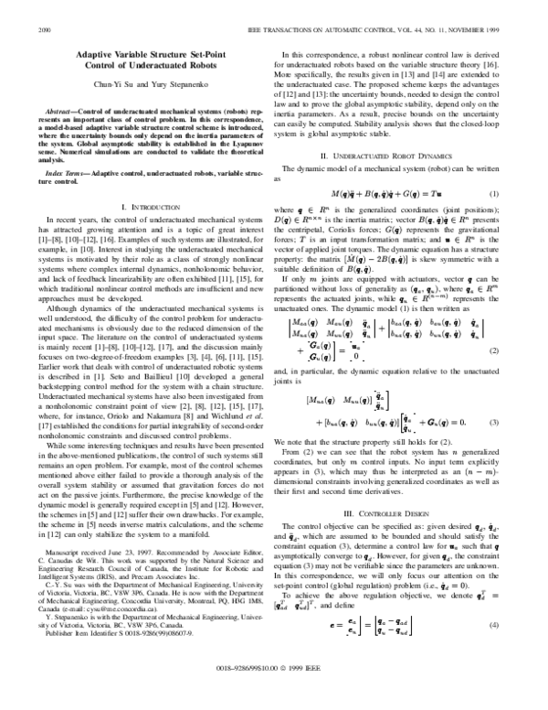 (PDF) Adaptive variable structure set-point control of underactuated robots