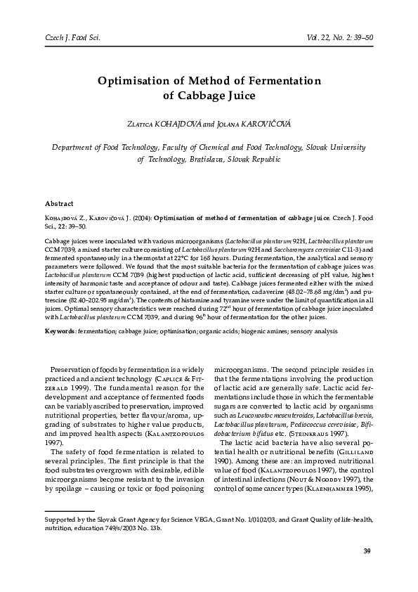 (PDF) Optimisation of method of fermentation of cabbage juice
