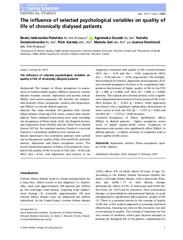 (PDF) The influence of selected psychological variables on quality of ...