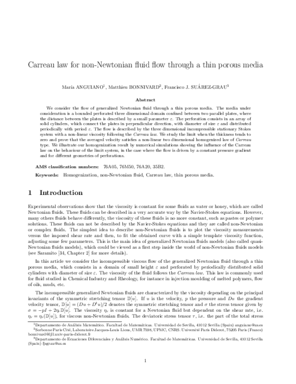 (PDF) Carreau law for non-newtonian fluid flow through a thin porous media
