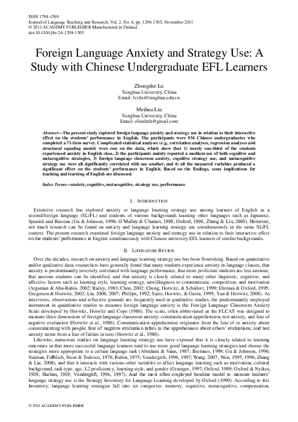 (PDF) Foreign Language Anxiety and Strategy Use: A Study with Chinese ...