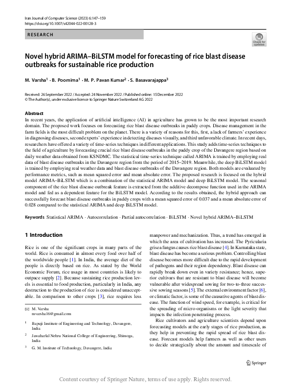 (PDF) Novel hybrid ARIMA-BiLSTM model for forecasting of rice blast ...